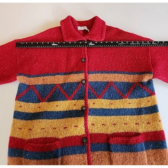 VTG LT Sport Cardigan Southwestern Aztec Shetland Wool Red Stripe Chunky Sz M - Picture 5 of 9